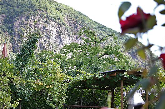 Giardino con gazebo e barbecue. Sullo sfondo si vede l'antico campanile della chiesa di Vilpiano.