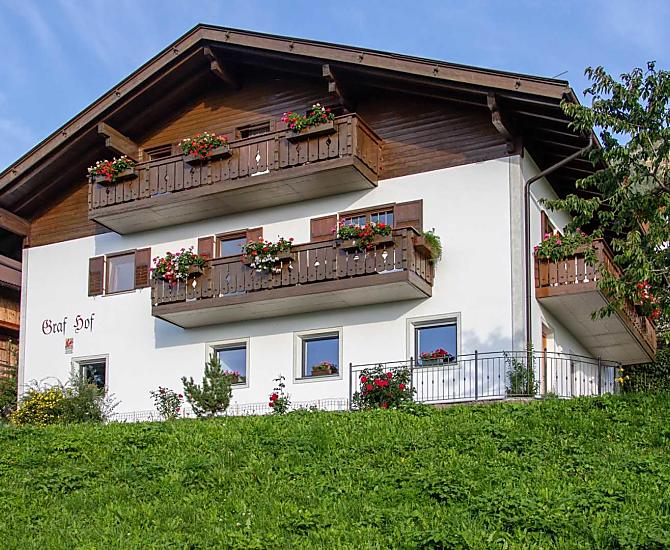 La nostra casa in mezzo ai prati verdi in piena estate. Le rose sono in fiore e i gerani fioriscono sul balcone. 