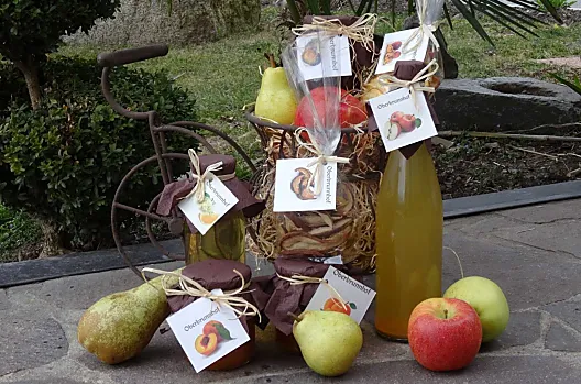 Frutta fresca di stagione, varie confetture, sciroppo, succo di mela e frutta secca.