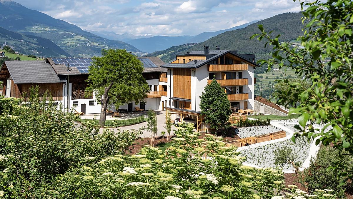Il maso in primavera, con fiori di sambuco e di melo in primo piano