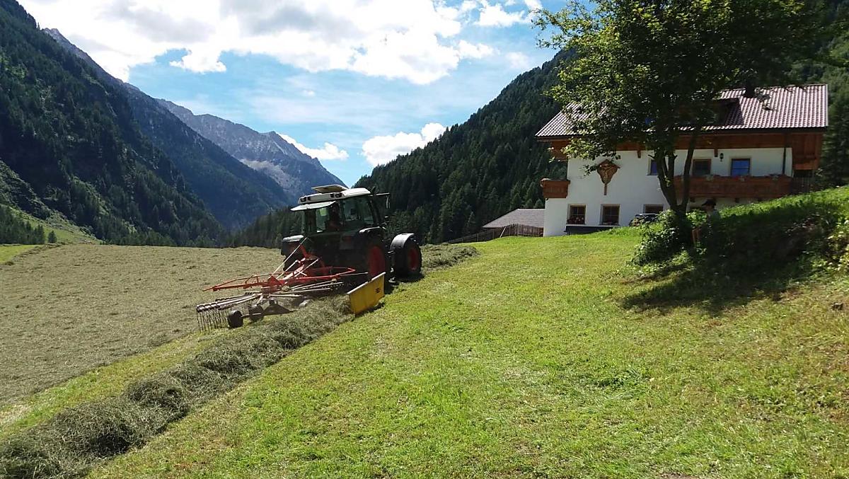 Il contadino Andreas prepara i rastrelli per il fieno, che vengono poi caricati sul Transporter.