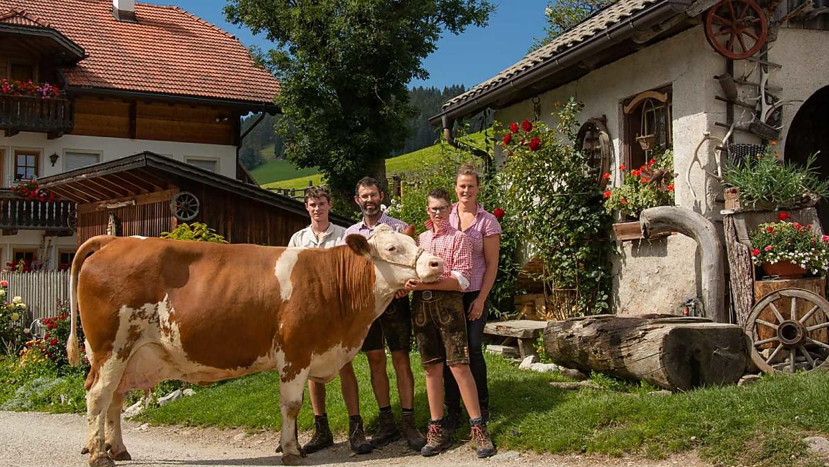 La famiglia Schuster: Andreas e Angelika con Simon e Manuel e Brilliant, la mucca di razza Simmental .