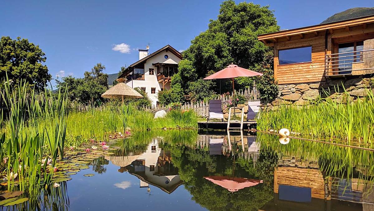 Il maso con il suggestivo laghetto balneabile naturale e la sauna in baita.