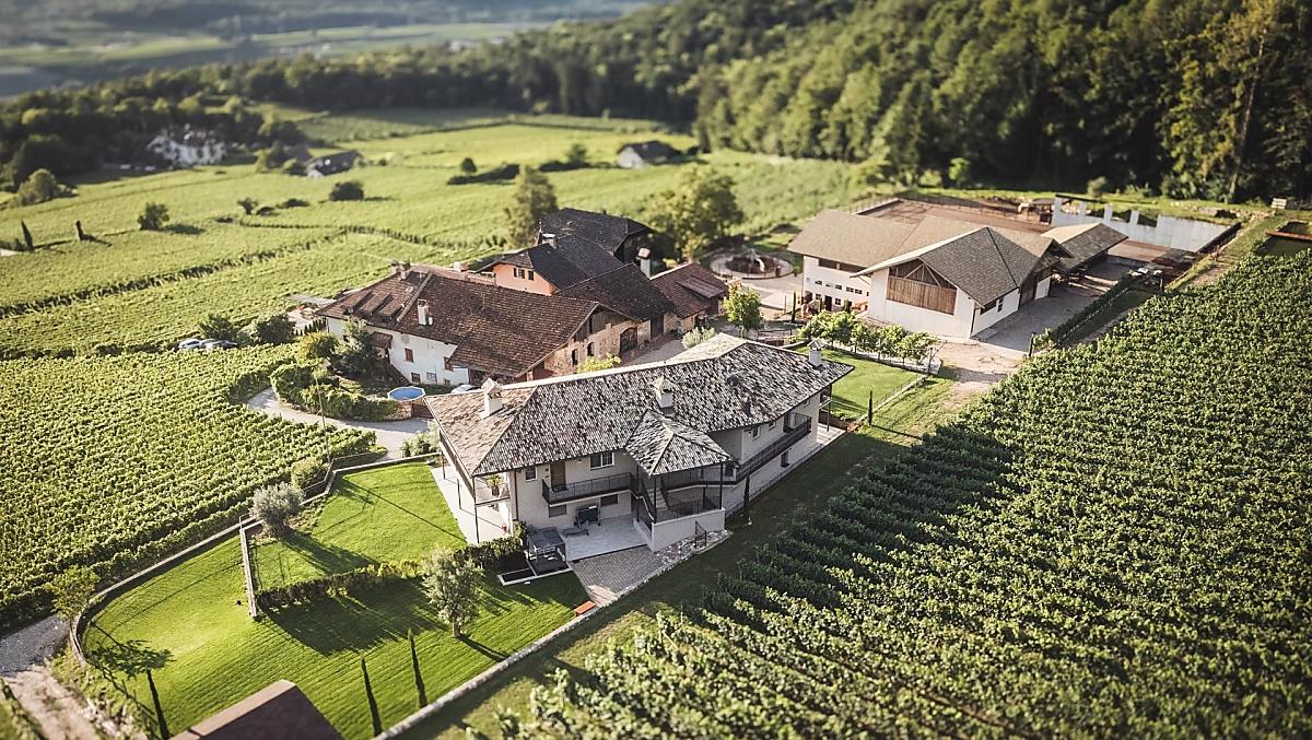 Il maso Nofnerhof dall’alto, immerso tra vigneti e bosco