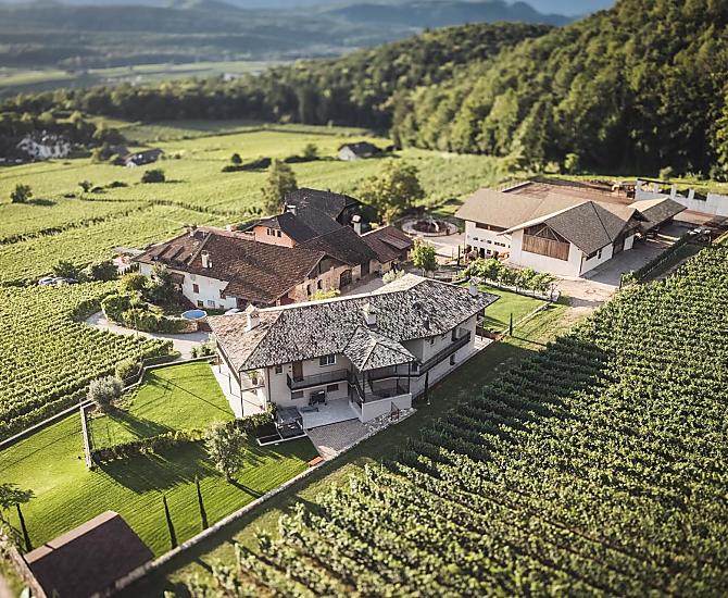 Il maso Nofnerhof dall’alto, immerso tra vigneti e bosco