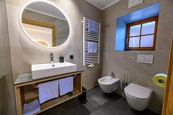 Badezimmer mit Dusche, Waschbecken, Handtuchtrockner, Bidet und WC.