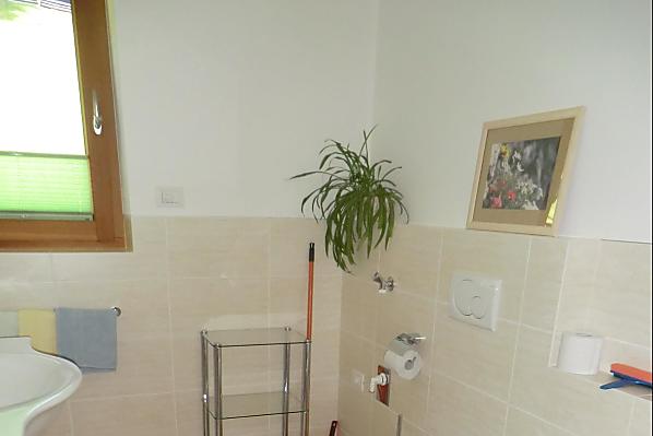 Heimeliges Badezimmer mit viel Freiraum, Bodenheizung, WC, Bidet, Waschbecken, Dusche und Ausblick in die freie Natur. 