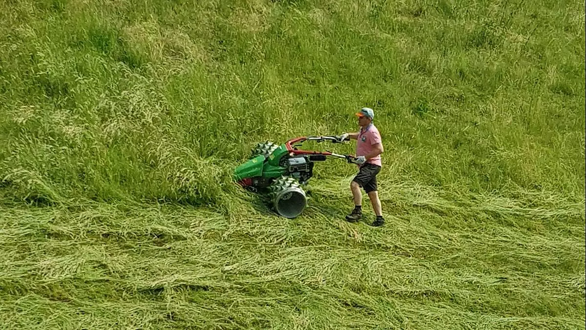 Il padrone di casa e contadino Herbert taglia l'erba dei nostri ripidi prati di montagna con la motofalciatrice.