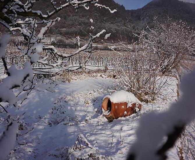 Lo stagno balneabile coperto di neve