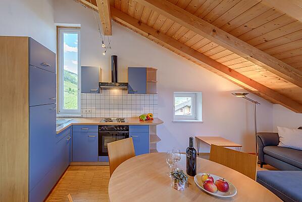 Küche mit Kühlschrank mit Gefrierfach, Backofen, Kochfeld mit Abzug, Kaffeemaschine, Wasserkocher, Geschirr, Töpfe